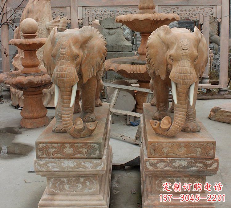 益阳晚霞红石雕元宝大象
