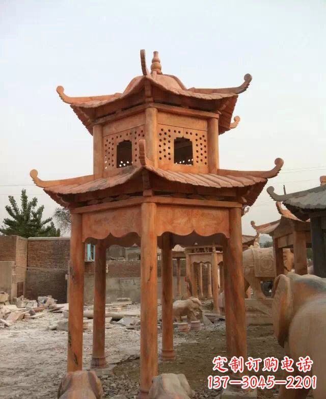 益阳晚霞红双层凉亭石雕