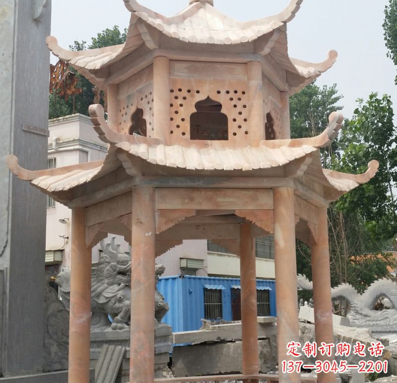 益阳晚霞红双层六角凉亭石雕 (2)