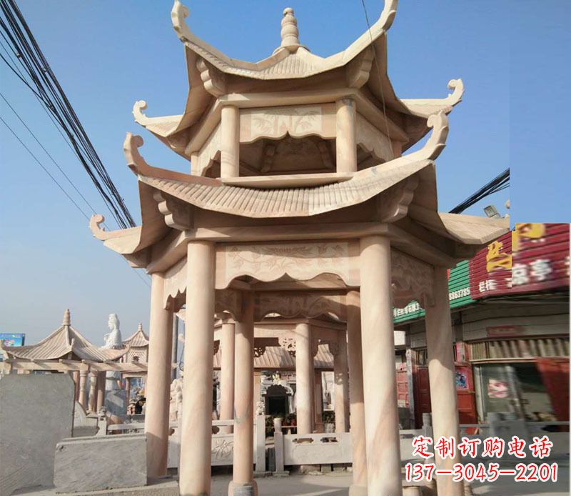 益阳晚霞红双层六角凉亭石雕 (3)