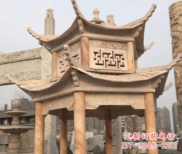 益阳晚霞红双层石雕凉亭