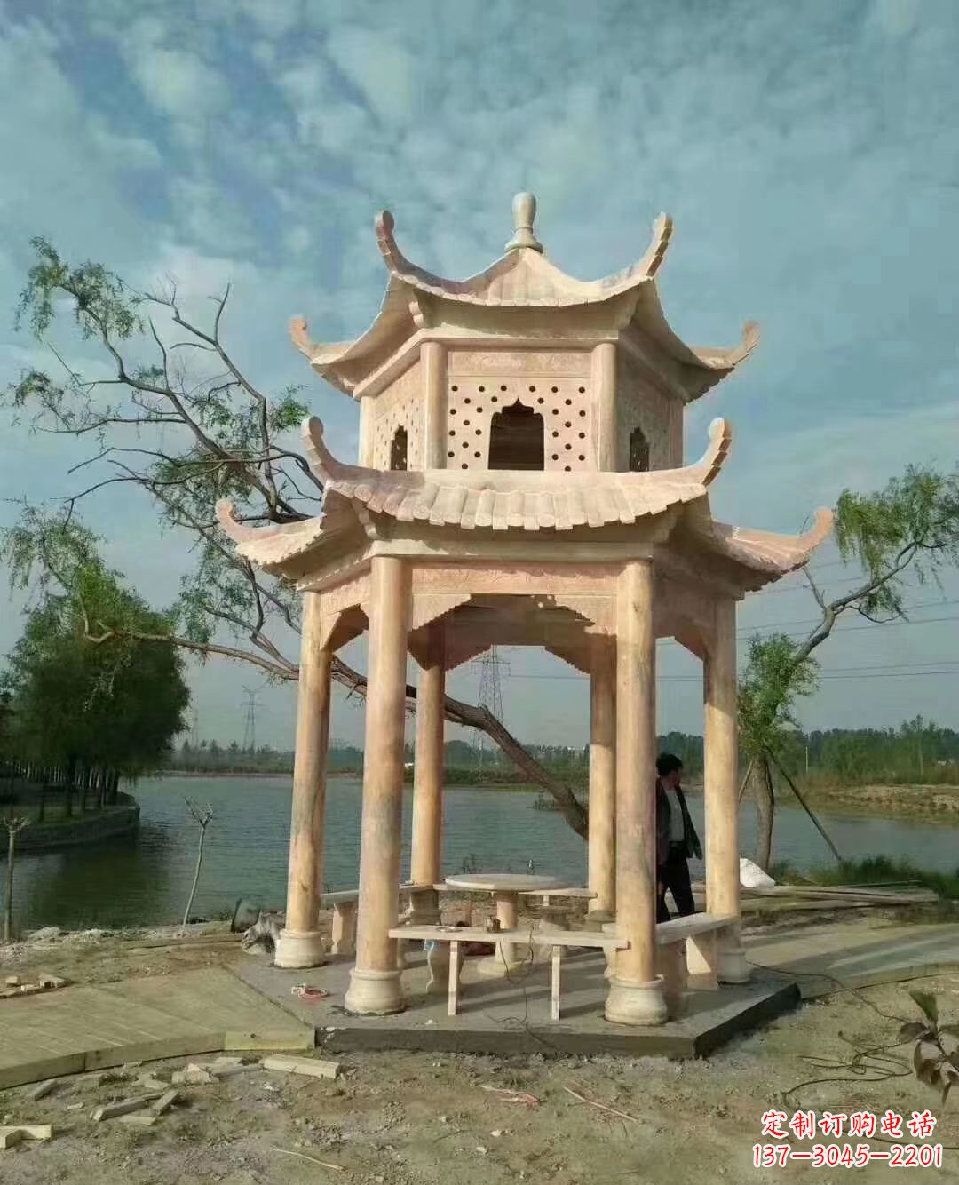 益阳晚霞红双层石凉亭 (2)