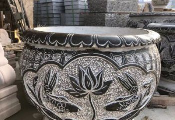 益阳青石仿古荷花水缸雕塑
