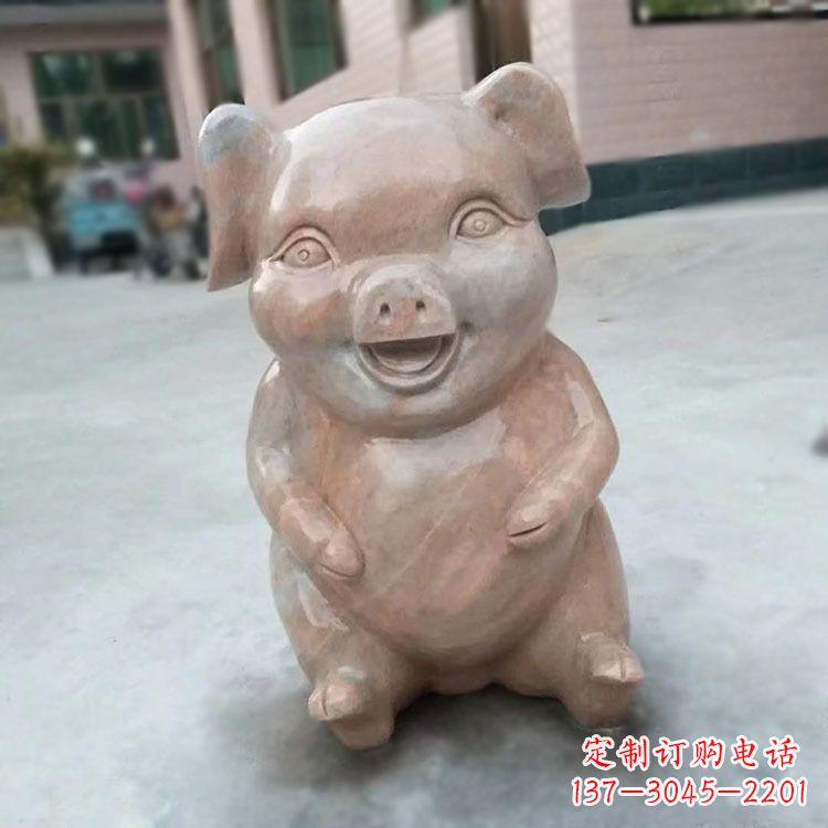 益阳喜庆的石雕猪-晚霞红大理石生肖动物雕塑