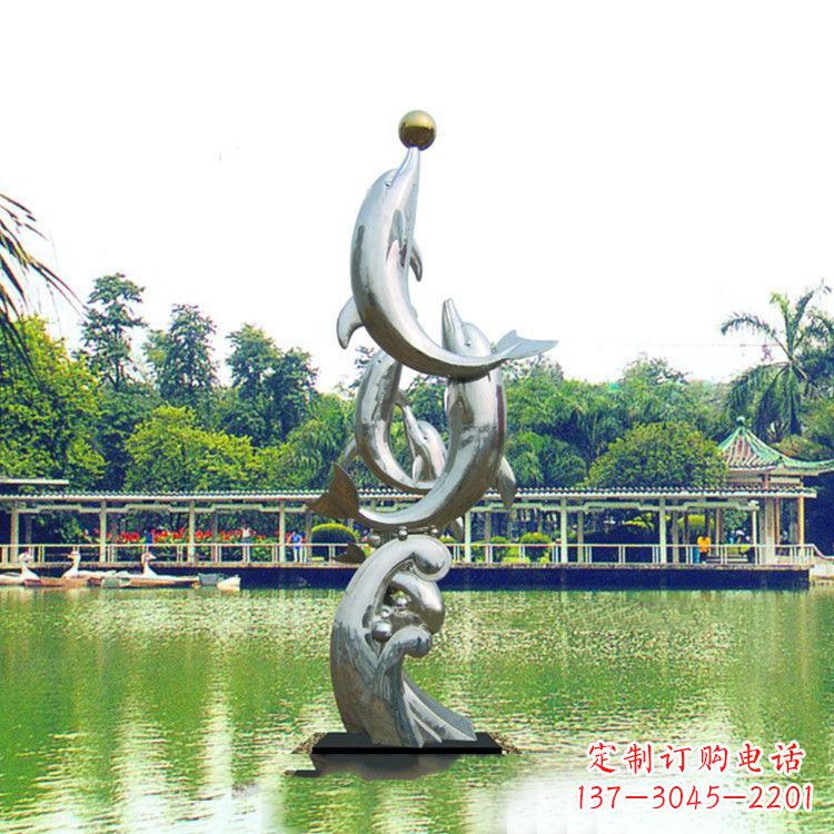 益阳戏球不锈钢海豚雕塑-园林水景动物景观