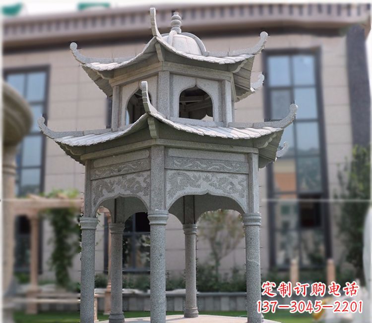 益阳小区大理石六角石雕双层凉亭