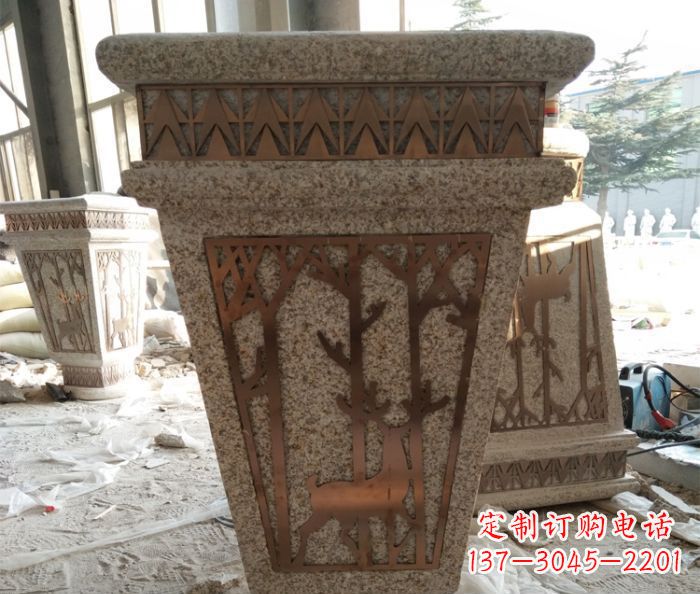 益阳小区大理石梅花鹿石浮雕花盆