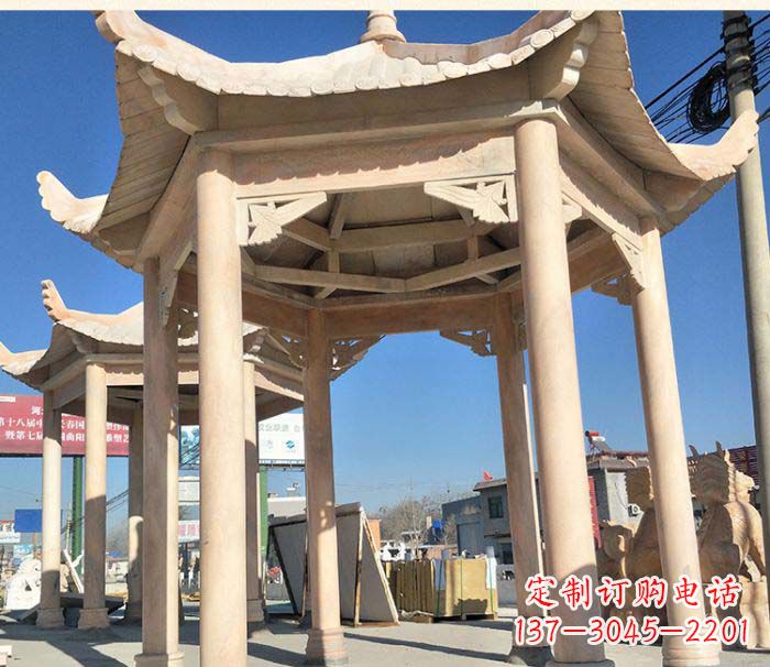 益阳园林景观晚霞红六角石雕凉亭 (2)