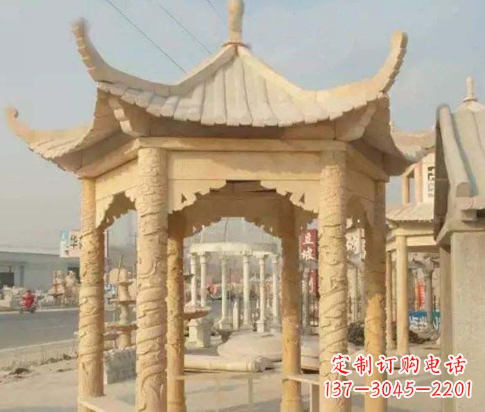 益阳园林景观晚霞红六角石雕凉亭 (3)