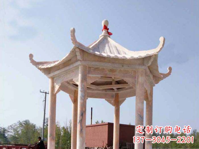 益阳园林景观晚霞红六角石雕凉亭