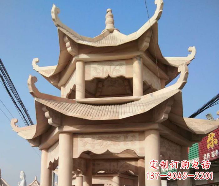 益阳园林景观晚霞红双层石雕凉亭 (2)