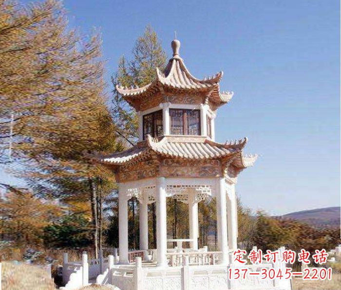 益阳园林景观晚霞红双层石雕凉亭 (3)