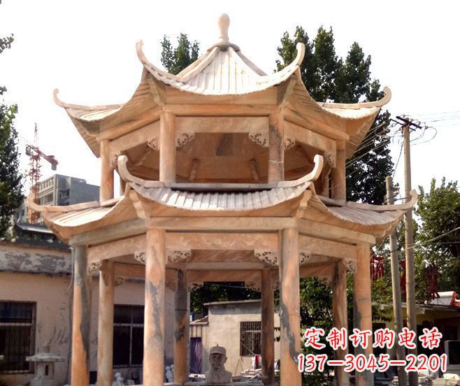 益阳园林景观晚霞红双层石雕凉亭