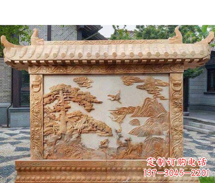 益阳园林景观晚霞红松鹤石浮雕影壁