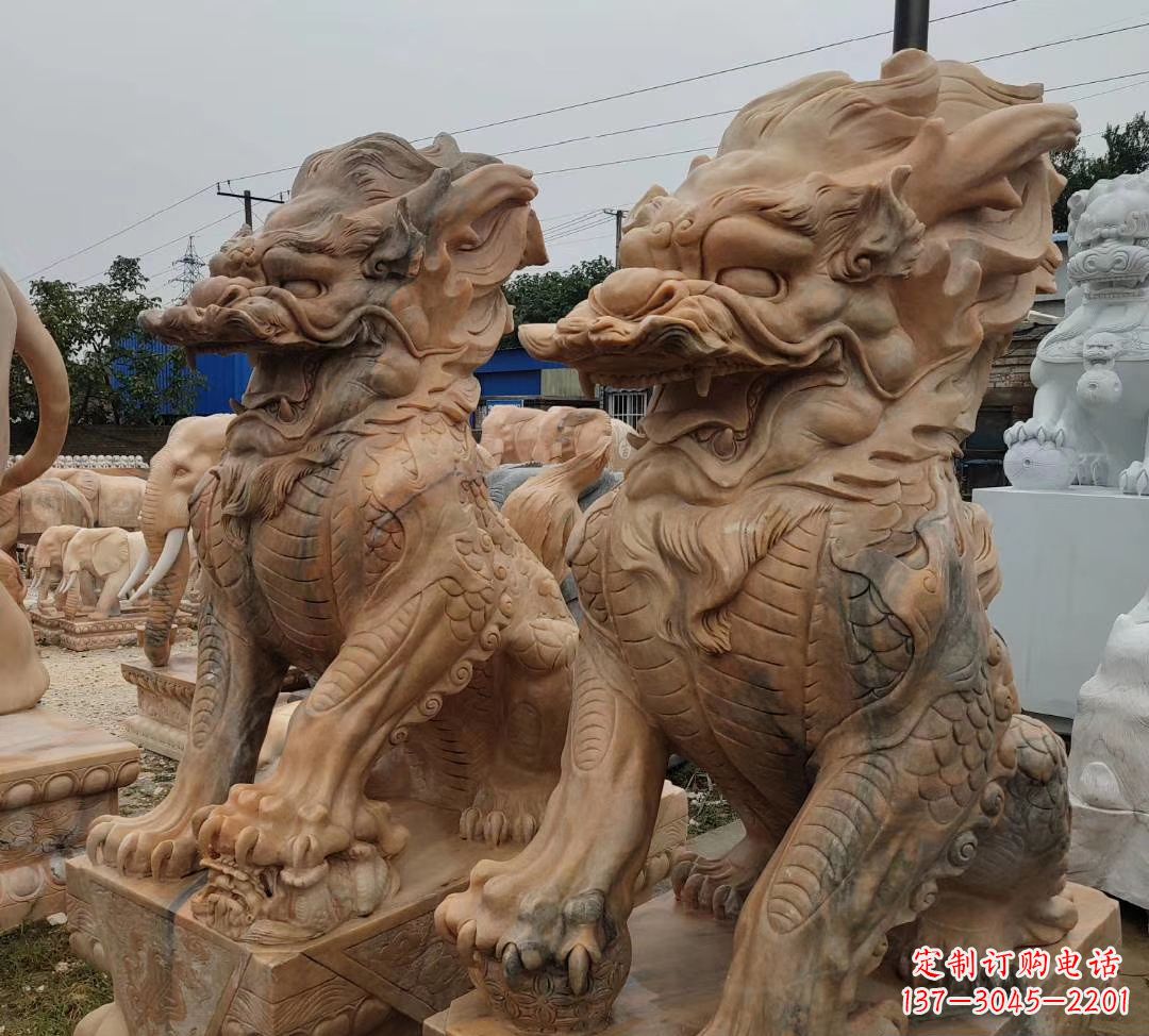 益阳园林晚霞红古代招财神兽麒麟石雕