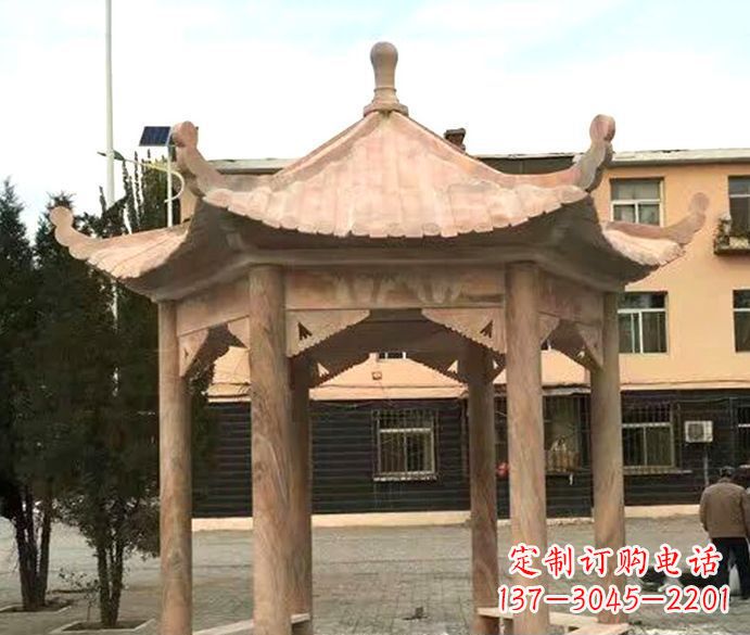 益阳园林晚霞红六角石雕凉亭