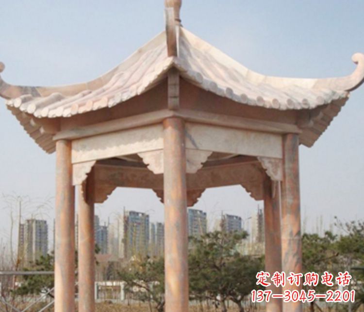 益阳园林晚霞红六角石凉亭景观石雕