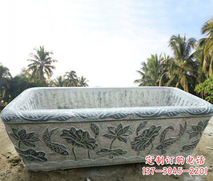 益阳长方形连年有余荷花浮雕石水缸