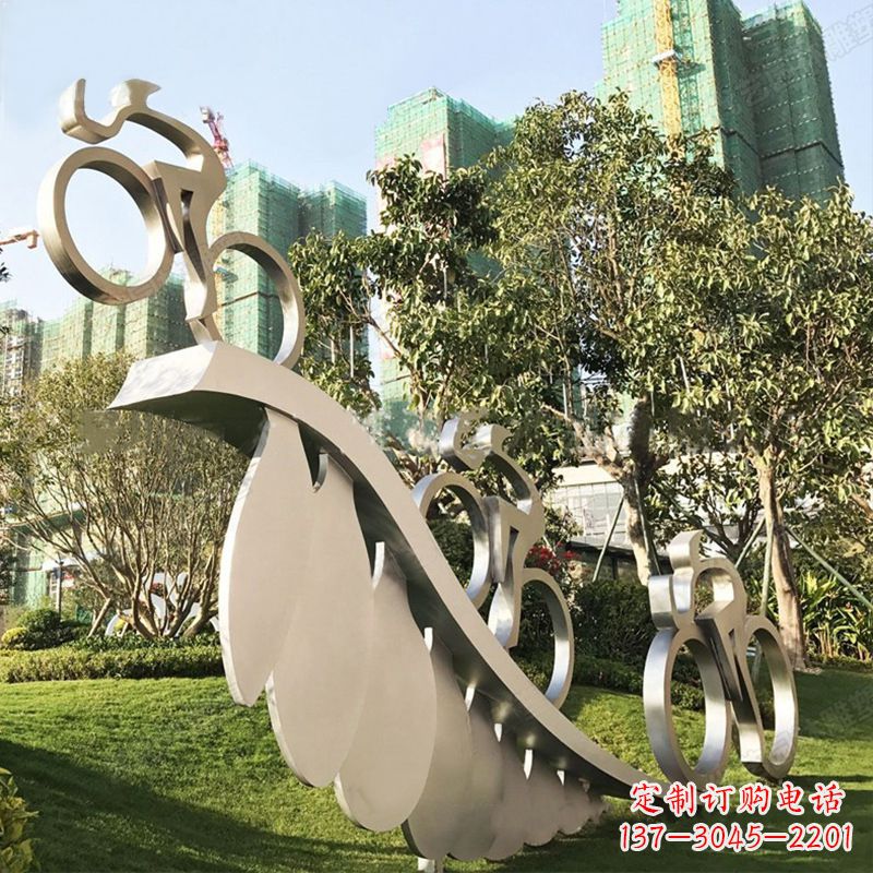 益阳自行车雕塑-抽象不锈钢骑自行车人物景观雕塑